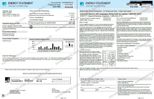 USA PG&E utility bill template in Word and PDF formats, 3 pages, 1-2 pages